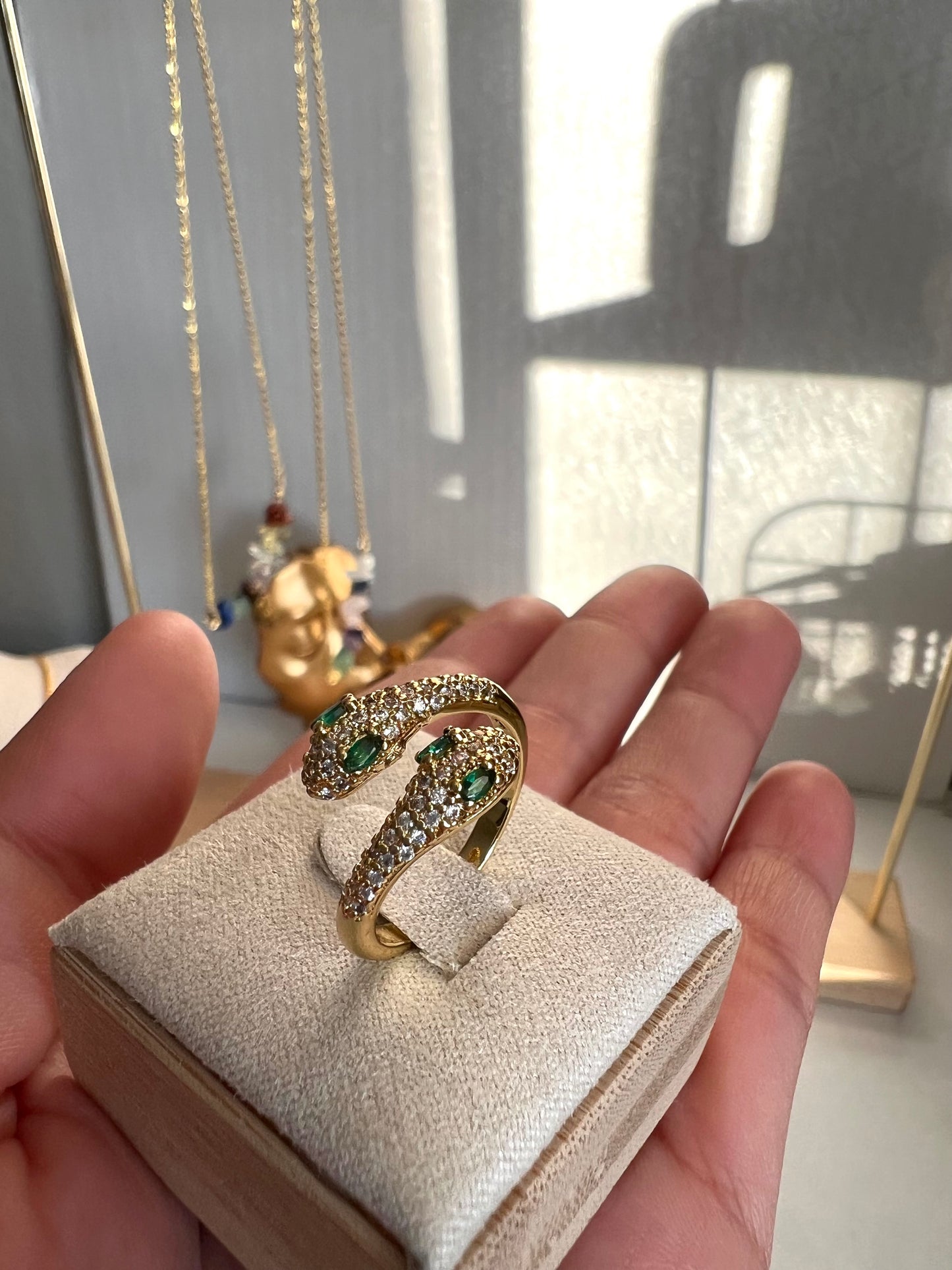 Two-Headed Green Eyed Serpent Ring